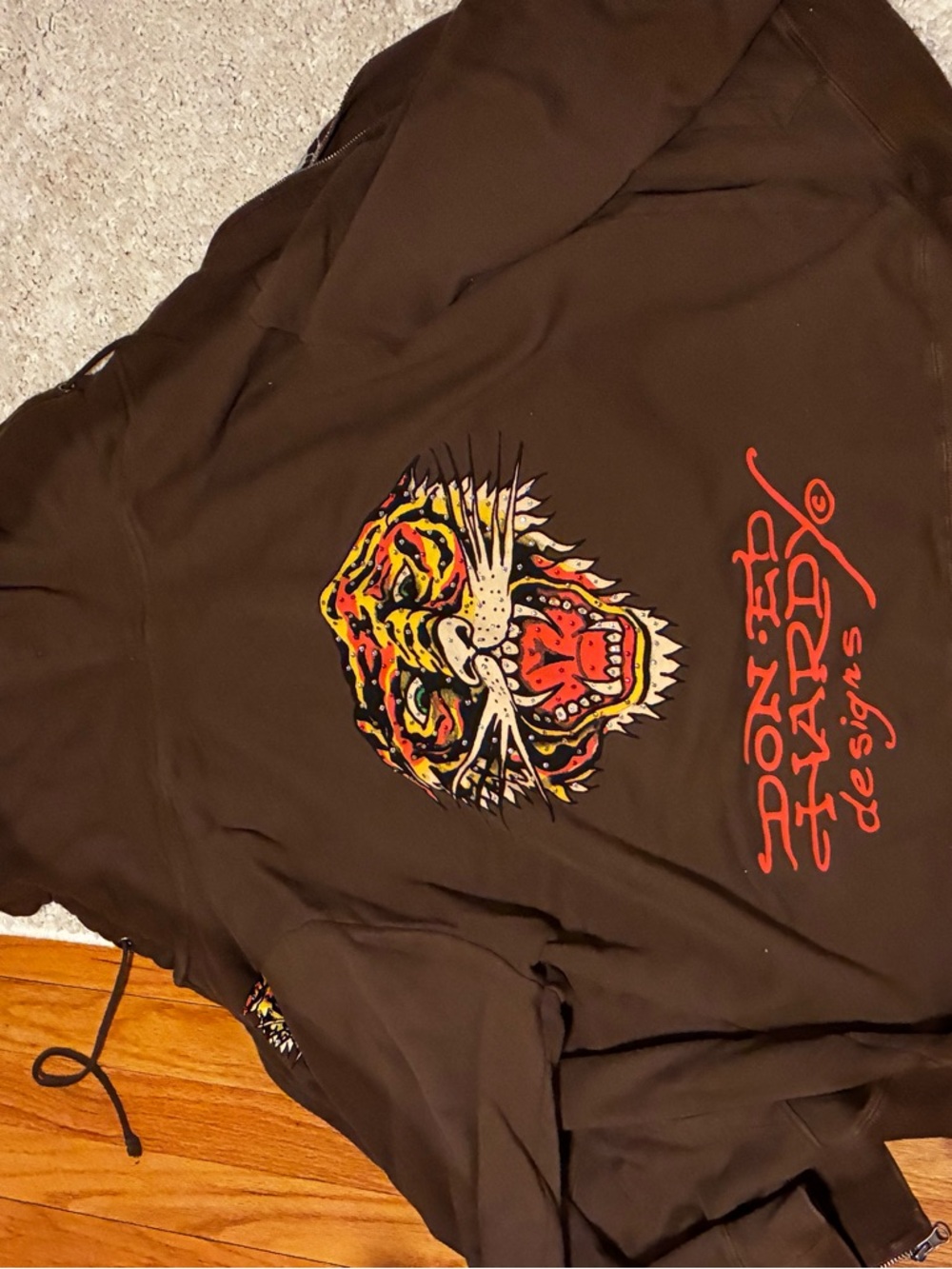 Y2K Ed Hardy Brown Zip-Up Hoodie with Multicolor Tiger Patch
